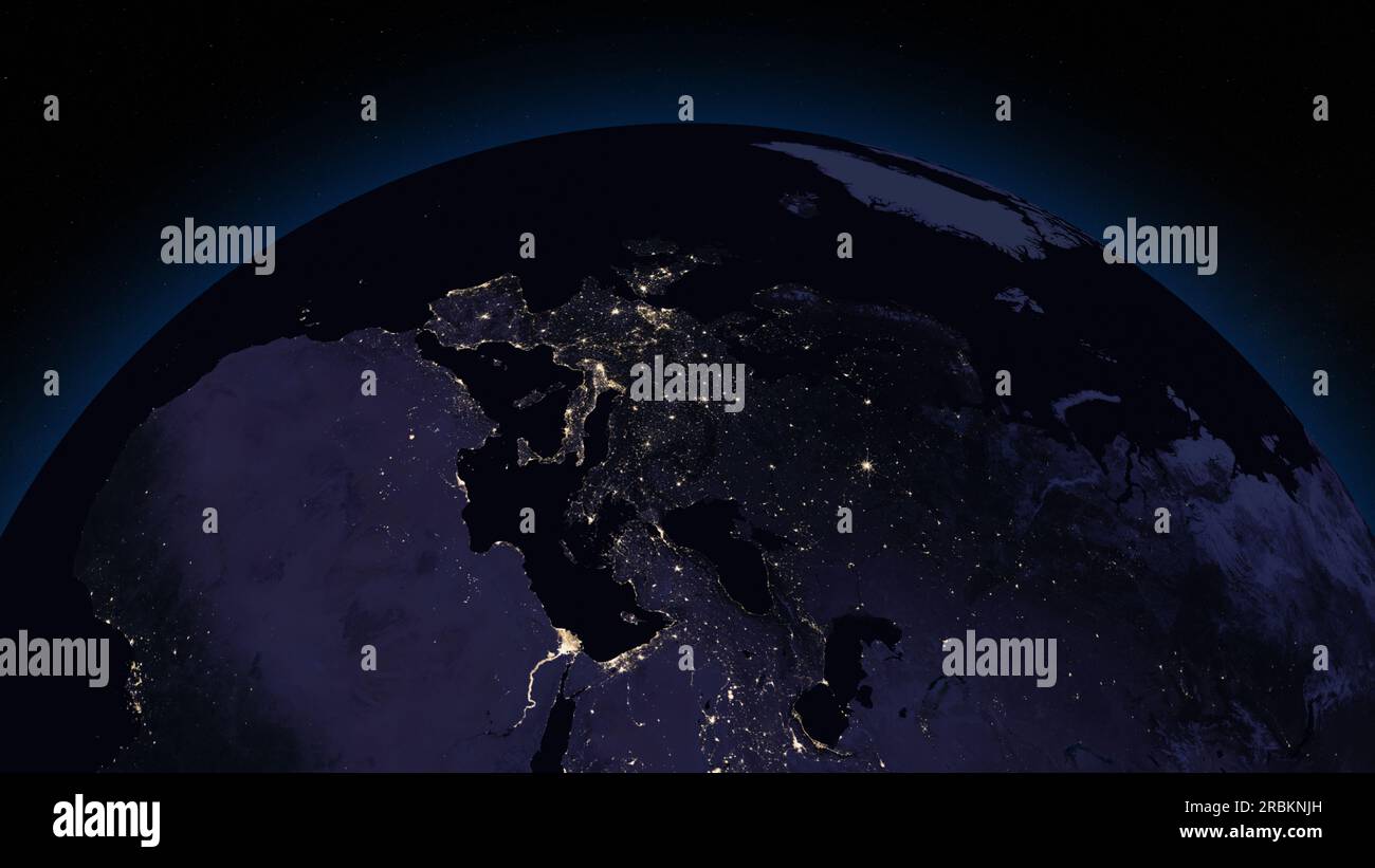 Der Planet Erde fokussierte bei Nacht auf Europa. Beleuchtete Städte auf der dunklen Seite der Erde. Elemente dieses Bildes, bereitgestellt von der NASA Stockfoto