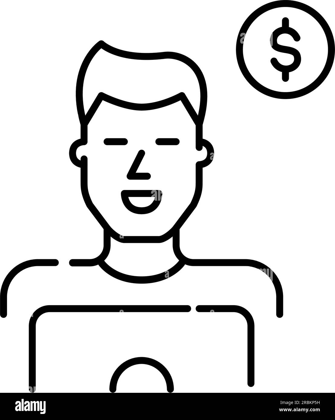 Männlicher Freiberufler, der am Laptop arbeitet. Ein lächelnder Typ auf der Arbeit an seinem Computer. Dollarzeichen. Pixelgenaue, bearbeitbare Kontur Stock Vektor