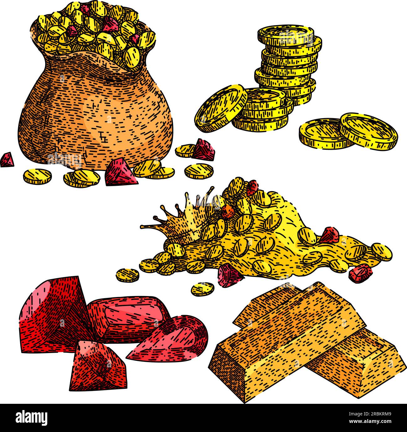 Schatzgoldsatz, von Hand gezeichneter Vektor Stock Vektor
