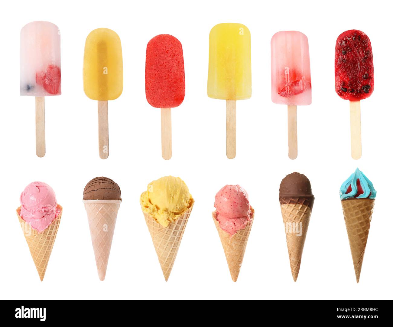 Verschiedene leckere Eiscreme auf weißem Hintergrund Stockfoto