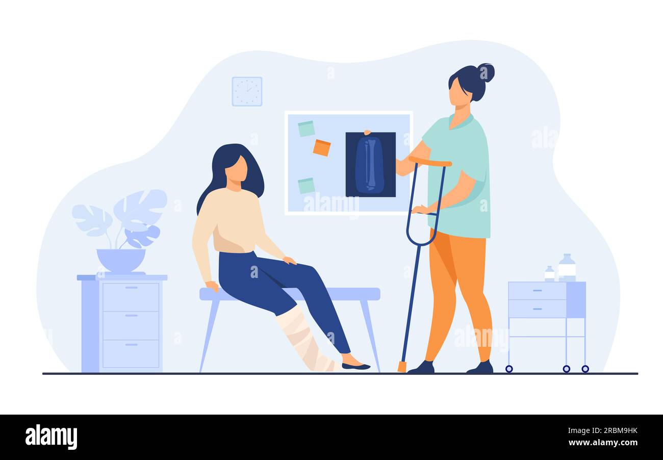 Frau mit verletztem gebrochenem Bein im Gipsverband Stock Vektor