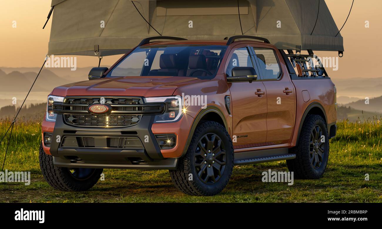 Ford Ranger in wildem Gelnde, ausgestattet mit Expeditionsausrstung und  einem Dachzelt Stockfotografie - Alamy