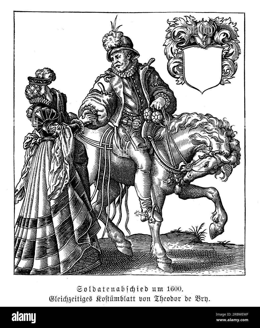 Soldat verabschiedet sich von seiner Frau, bevor er in den Krieg aufbricht, graviert von Theodor de Bry 1600 Stockfoto