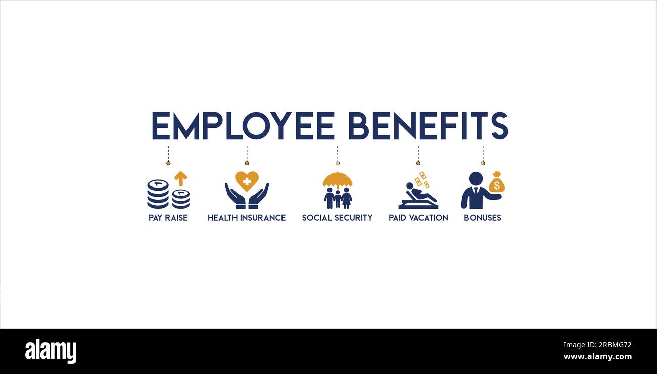 Employee Benefits Icon-Konzept auf weißem Hintergrund Vektor-Illustration mit Gehaltserhöhung, Krankenversicherung, Sozialversicherung, bezahlten Urlaub und Boni Stock Vektor