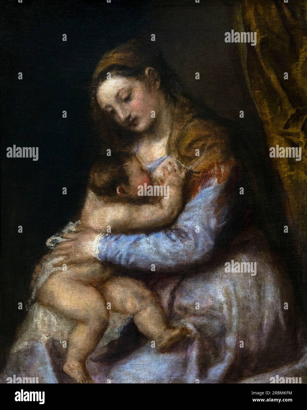 Jungfrau, die den Christus der Säuglinge, Titian, etwa 1565-75, saugt Stockfoto