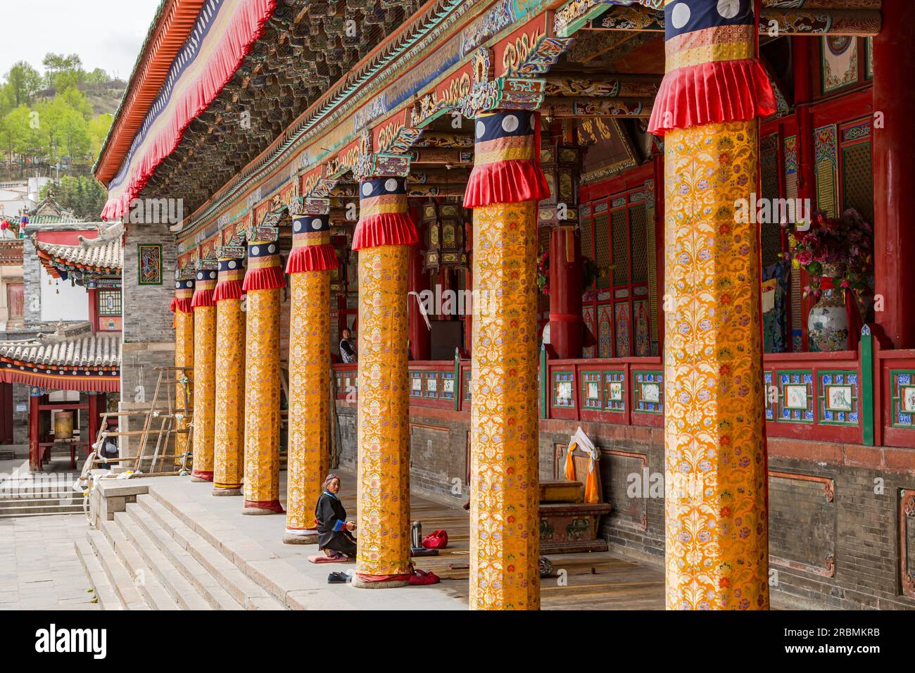 Dekorierte Säulen eines Tempels im Kumbum Champa Ling Tibetanerkloster, Xining, China Stockfoto