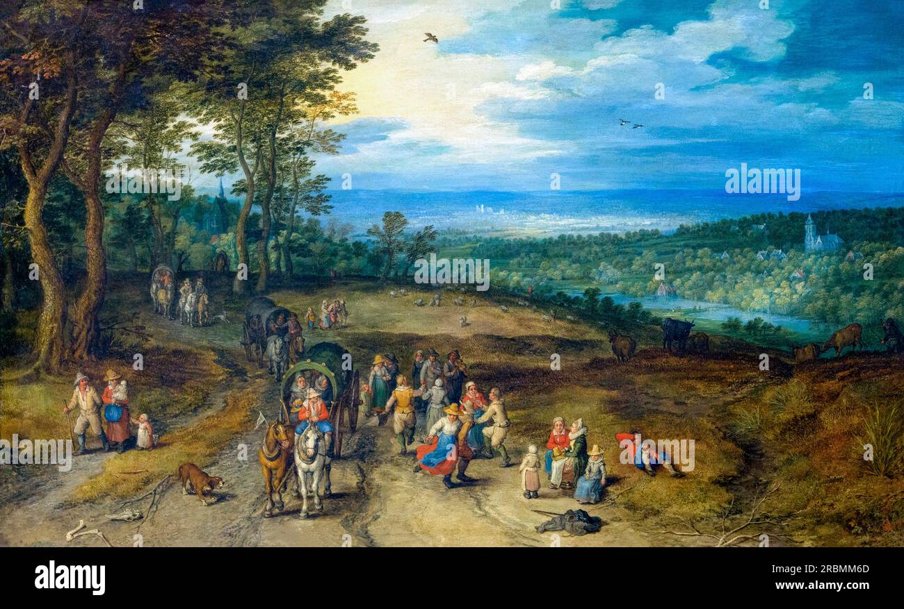 Landschaft mit Reisenden und Bauern auf einer Strecke, Jan Brueghel der ältere, 1610, Stockfoto