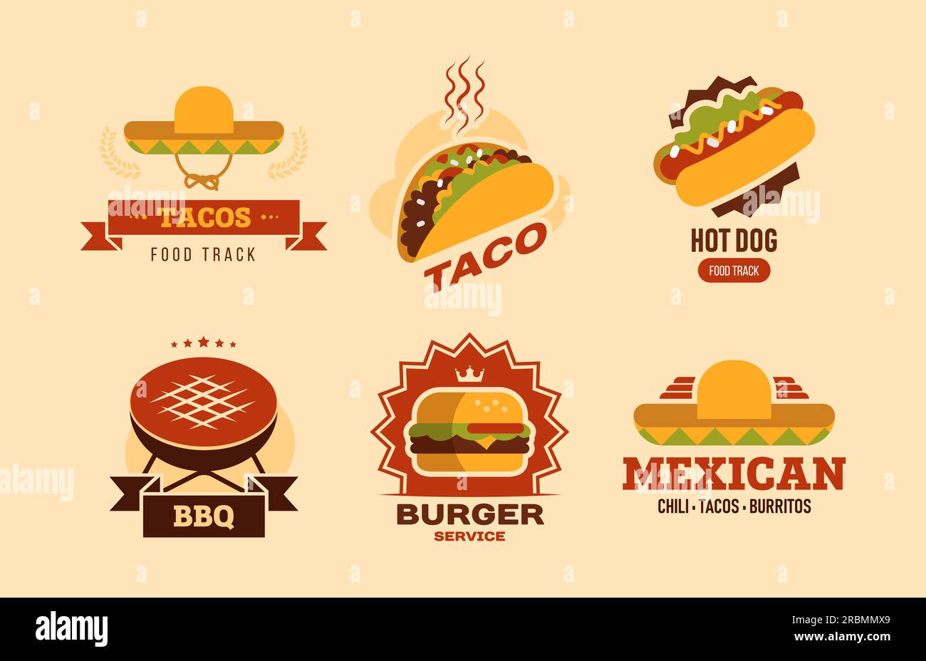 Farbenfrohes Fastfood flaches Icon Set Stock Vektor