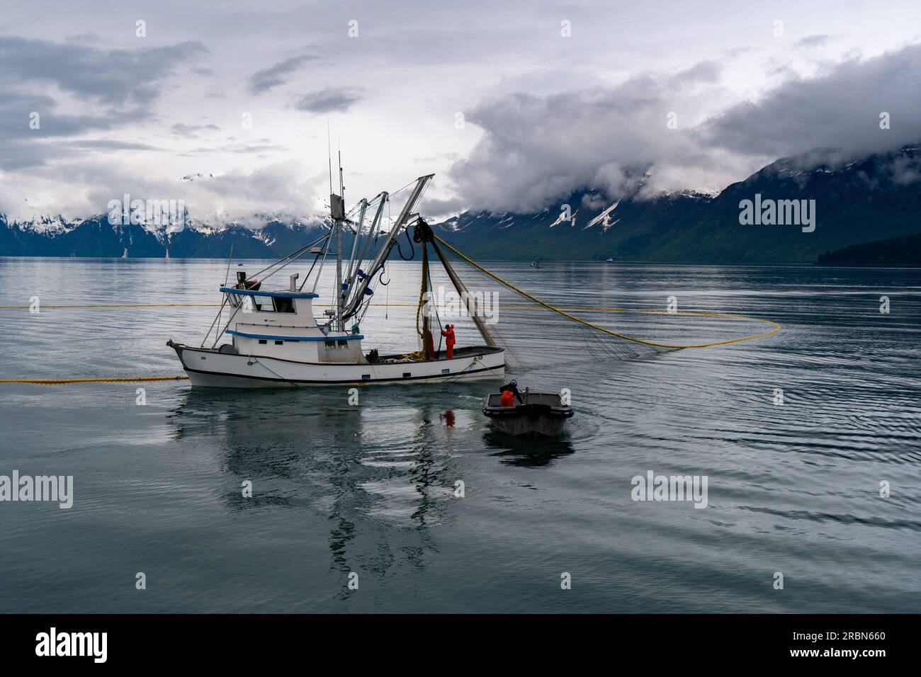 Kommerzielle Waden und ihr Skiff, die das Netz mit Lachs befördern, Prince William Sound, Valdez, Alaska Stockfoto
