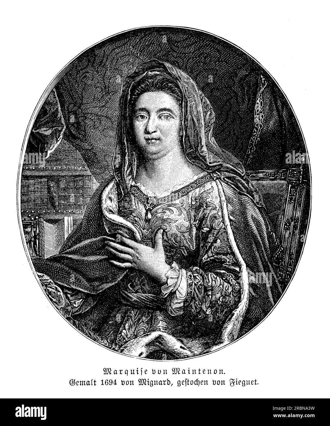 Portrait der Marquise von Maintenon, geboren Francoise d'Aubigné, zweite Ehefrau von König Ludwig XIV. Von Frankreich. Sie war eine enge Vertrautin des Königs und übte während seiner Herrschaft erheblichen politischen Einfluss aus. Maintenon ist auch bekannt für ihre Philanthropie und ihre Gründung des Maison royale de Saint-Louis, einer Schule für die Ausbildung armer Edelmädchen. Trotz ihrer vielen Leistungen war Maintenon nicht universell populär, und ihr Einfluss auf den König wurde oft kritisiert. Nach dem Tod des Königs zog sie sich in ein Kloster zurück, wo sie ihre philanthropische Arbeit fortsetzte Stockfoto