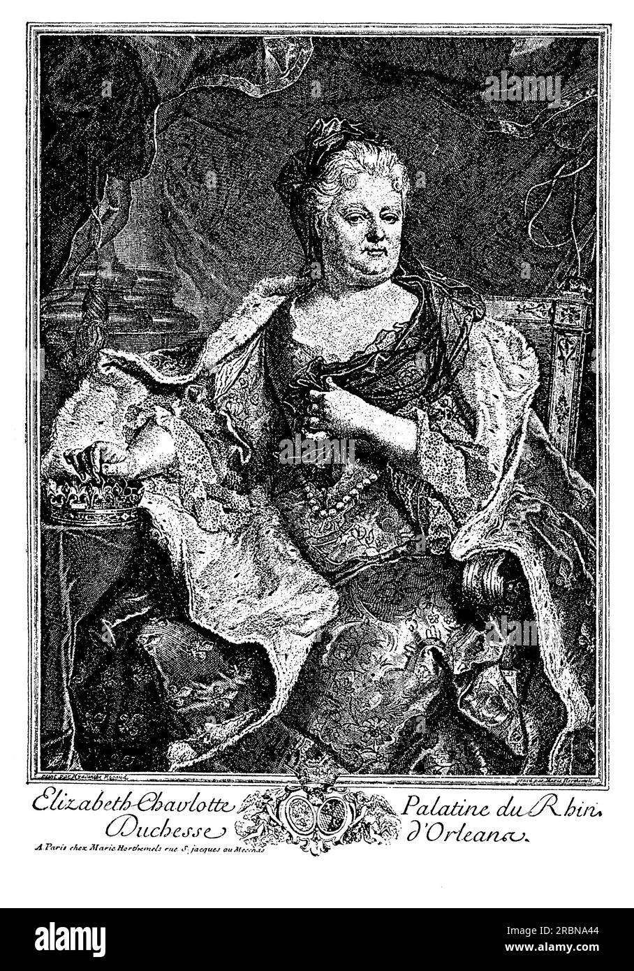 Elisabeth Charlotte, Herzogin von Orléans, war eine deutsche Prinzessin, die die Ehefrau von Philippe I., Herzog von Orléans, dem jüngeren Bruder von König Ludwig XIV. Von Frankreich, wurde. Sie war bekannt für ihren scharfen Witz und ihre ausgesprochene Persönlichkeit sowie für ihre Liebe zum Garten und zur Kunst. Die Herzogin war auch ein begeisterter Briefschreiber, und ihre Korrespondenz bietet wertvolle Einblicke in das Leben am französischen Hof im späten 17. Und frühen 18. Jahrhundert. Trotz ihrer vielen Leistungen stand Elisabeth Charlotte oft im Widerspruch zu ihrem Mann und anderen Mitgliedern des französischen Hofes, und manchmal auch zu ihrer Ausstrahlung Stockfoto
