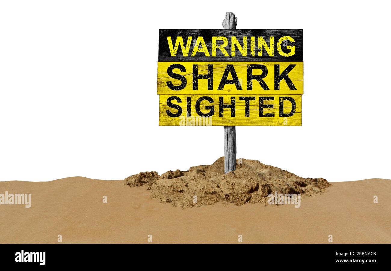 Haizeichen am Strand warnen vor Gefahr und Vorsicht vor Haien Beschilderung für kein Schwimmen und Surfen oder Surfen isoliert auf weißem Hintergrund. Stockfoto