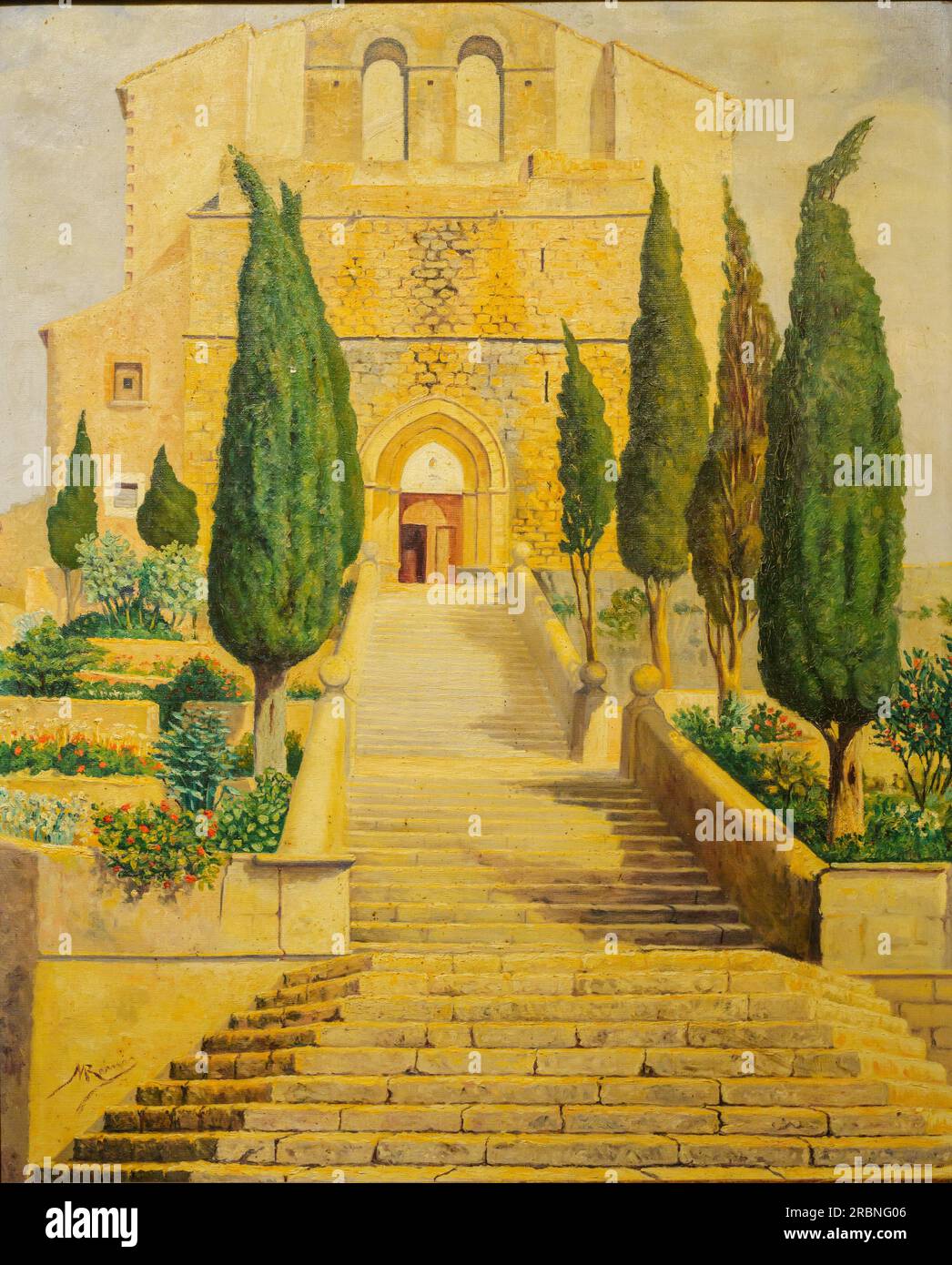 M. Ramis, Selva-Pfarrkirche, Öl auf Leinwand, Palma, Mallorca, Spanien. Stockfoto