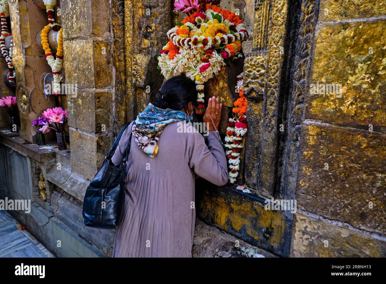 Indien, Bihar, Bodhgaya, UNESCO World Heriatge, Mahabodhi-Tempel, buddhistische Mönche beteten vor dem Bodhi-Baum, unter dem Buddha erlangte Stockfoto