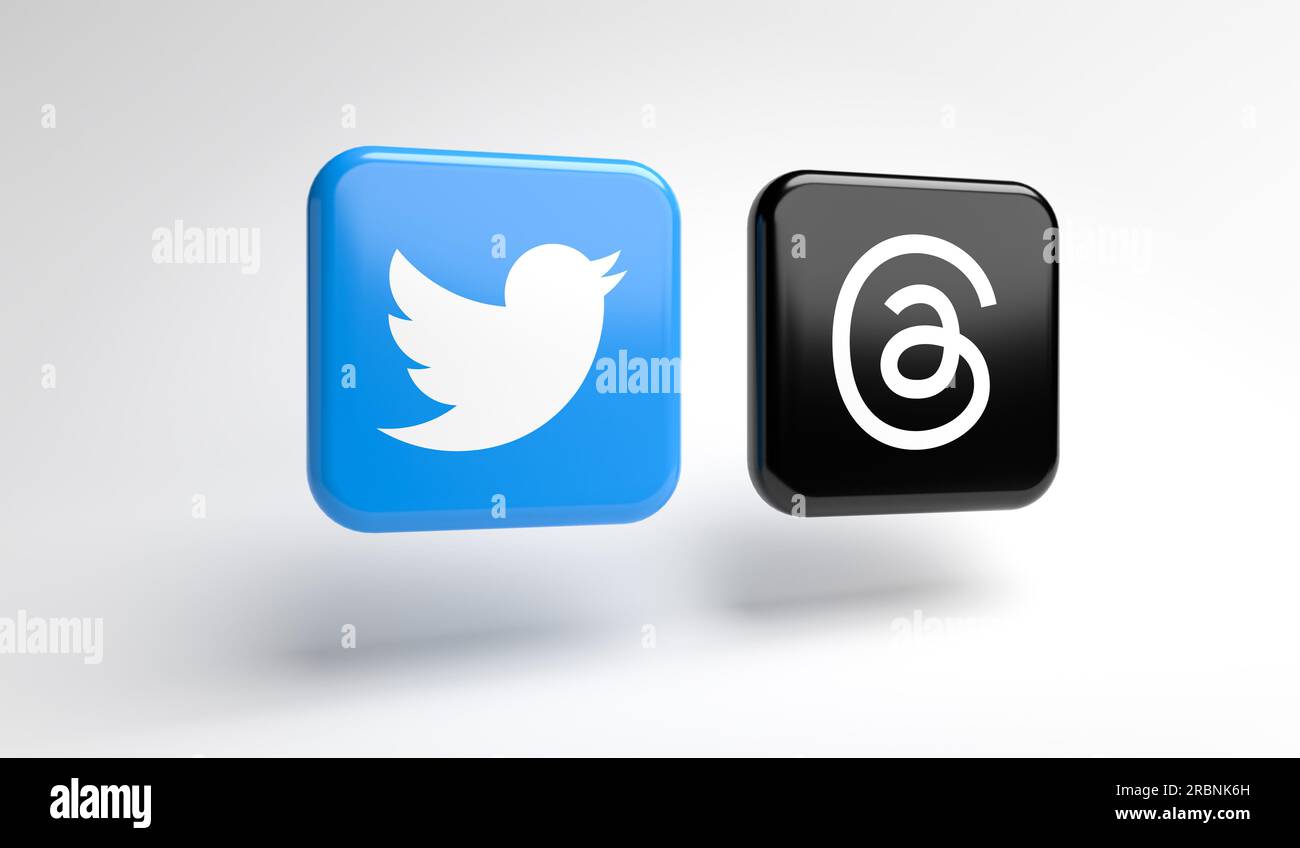 Twitter hat einen neuen Mitbewerber: Instagrams Threads. Logos der textbasierten App-Threads von Twitter und Instagram nebeneinander Stockfoto
