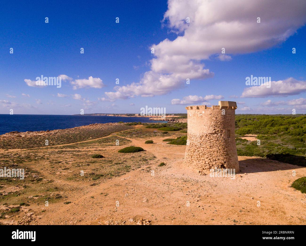 Wachturm der S Estalella, Jahr 1577, S'Estalella, Llucmajor, Mallorca, Balearen, Spanien, Europa. Stockfoto