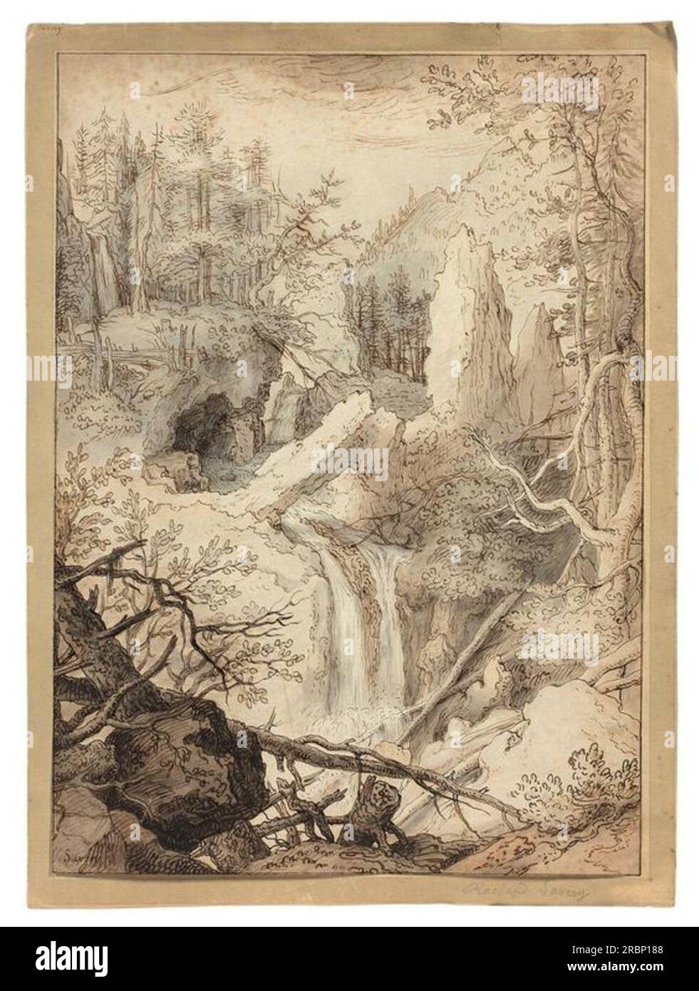 Felsige Landschaft mit einem Wasserfallstift und brauner Tinte, brauner und grauer Wäsche von Tobias Verhaecht Stockfoto