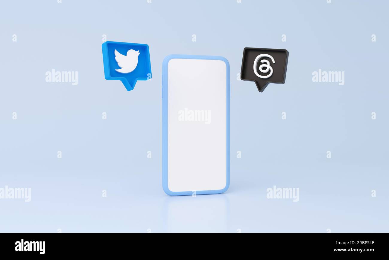 Madrid, Spanien – Juli 2023: Smartphone mit weißem Bildschirm, Twitter und Threads Diskussion über App-Symbole ist eine neue Instagram- und Meta-App für soziale Medien für MIC Stockfoto
