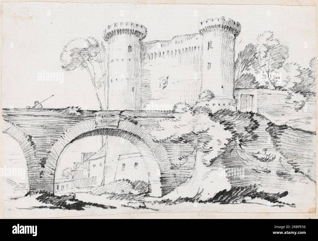 Joseph-Marie Vien, Eine Steinbrücke und der befestigte Eingang zu einer Stadt, 1744/1750, Graphit auf liegendem Papier, Blatt: 13 x 18,9 cm (5 1/8 x 7 7/16 Zoll) Seitengröße: 42,5 x 27,7 cm (16 3/4 x 10 7/8 Zoll), Mark J. Millard Architectural Collection, 1983.49.173' Stockfoto