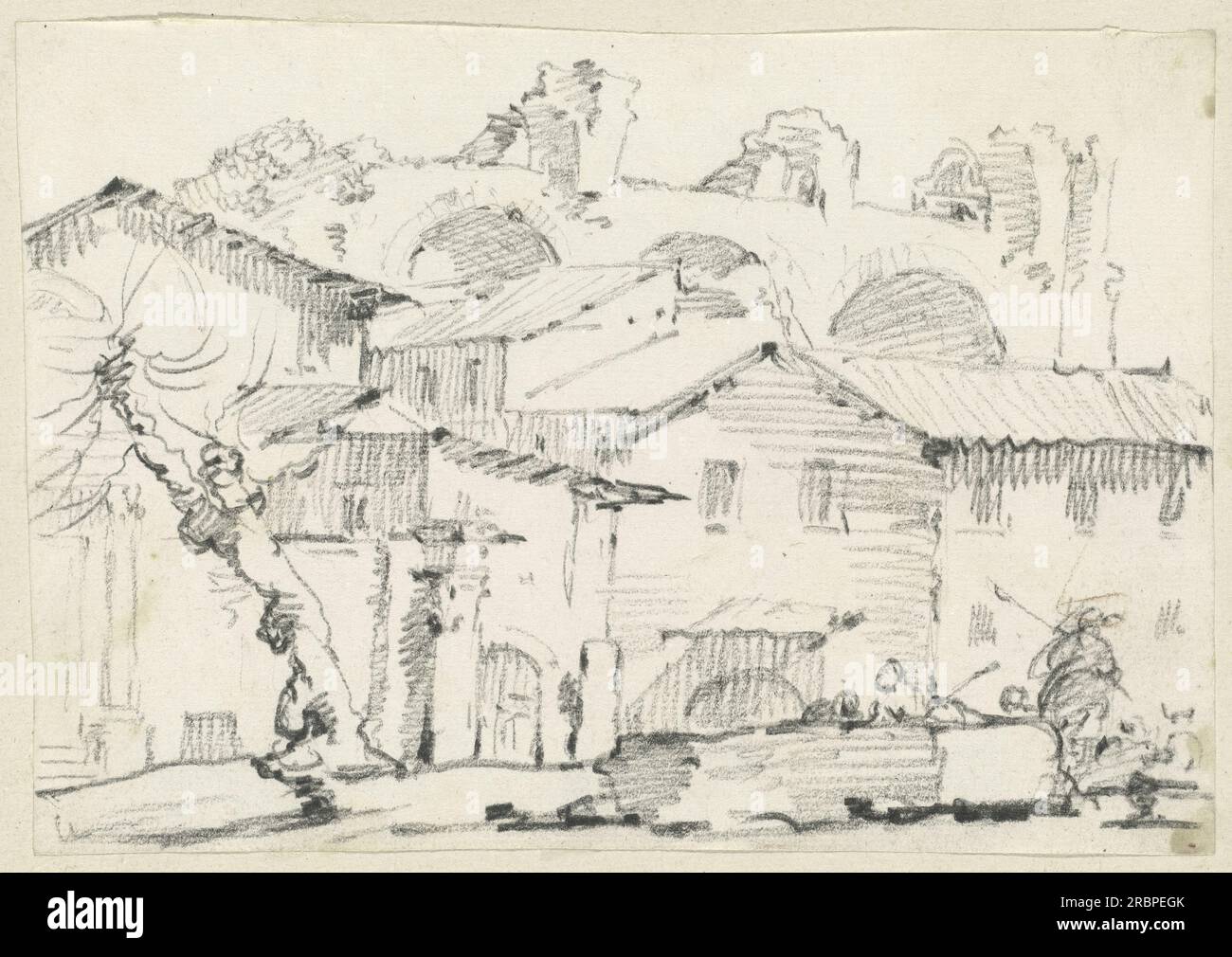 Joseph-Marie Vien, Häuser auf der Nordseite des Forums mit der Basilika Maxentius dahinter, 1746/1749, schwarze Kreide auf liegendem Papier, Blatt: 13 x 18,5 cm (5 1/8 x 7 5/16 Zoll) Seitengröße: 42,5 x 27,7 cm (16 3/4 x 10 7/8 Zoll), Mark J. Millard Architectural Collection, 1983.49.189' Stockfoto