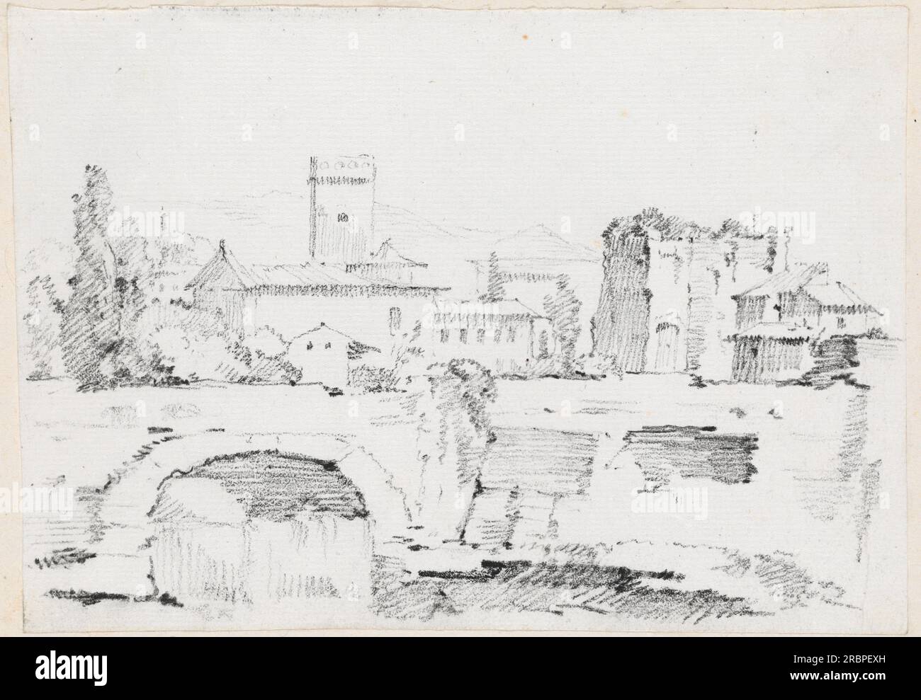 Joseph-Marie Vien, eine italienische Stadt mit Steinbrücke und Wasserfall, 1744/1750, Graphit auf liegendem Papier, Blatt: 13,1 x 18,5 cm (5 3/16 x 7 5/16 Zoll) Seitengröße: 42,5 x 27,7 cm (16 3/4 x 10 7/8 Zoll), Mark J. Millard Architectural Collection, 1983.49.183' Stockfoto