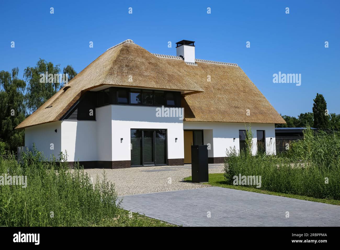 Modernes neues, freistehendes Familienhaus mit weißer Fassade und traditionellem Strohdach, geräumige Auffahrt in ländlicher Umgebung - Niederlande Stockfoto