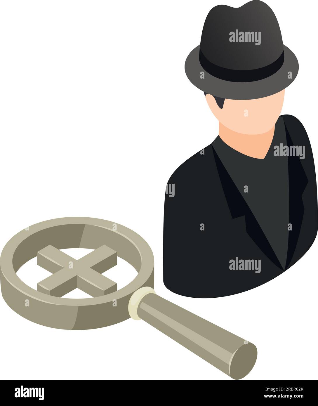 Isometrischer Vektor für das Hackerangriffssymbol. Gesichtsloser Hacker und Lupe mit Pluszeichen. Betrug, Cyberkriminalität, Internetsicherheit Stock Vektor