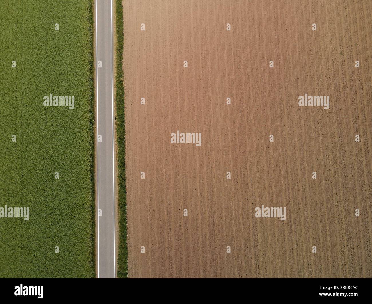 Blick von oben auf eine Asphaltstraße zwischen einem grünen Ackerfeld und einem braunen gepflügten Ackerfeld mit Erde in der Landschaft Stockfoto