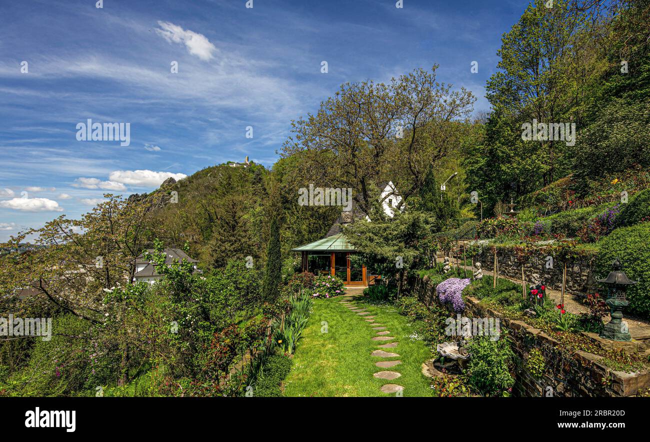 Bundeskanzler Adenauer House Foundation, Arbeitspavillon im Garten, im Hintergrund die Drachenfels, Bad Honnef-Rhöndorf, Nordrhein-Westpha Stockfoto