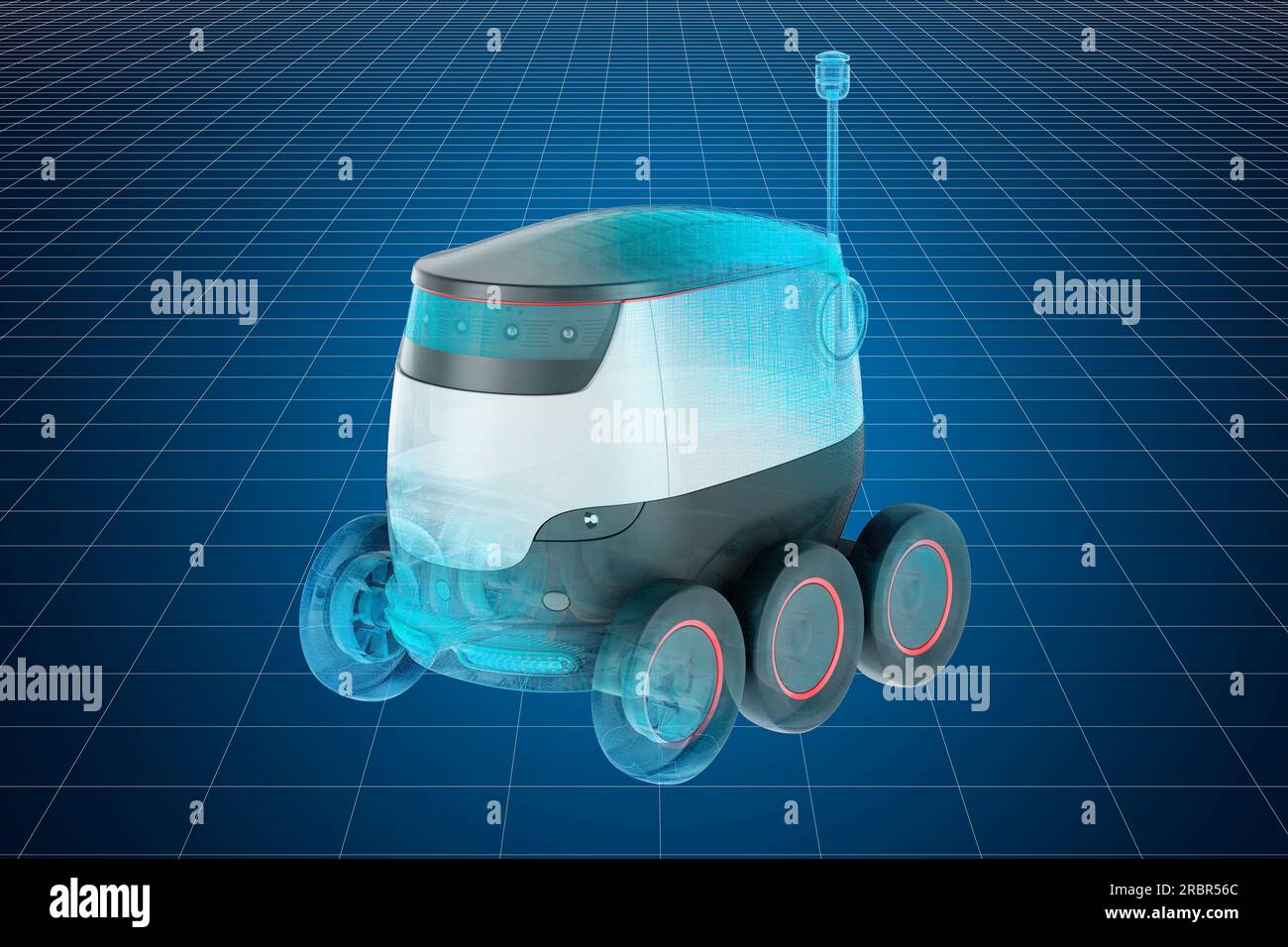 Visualisierung des 3D-cad-Modells eines autonomen Bereitstellungsroboters, 3D-Rendering Stockfoto