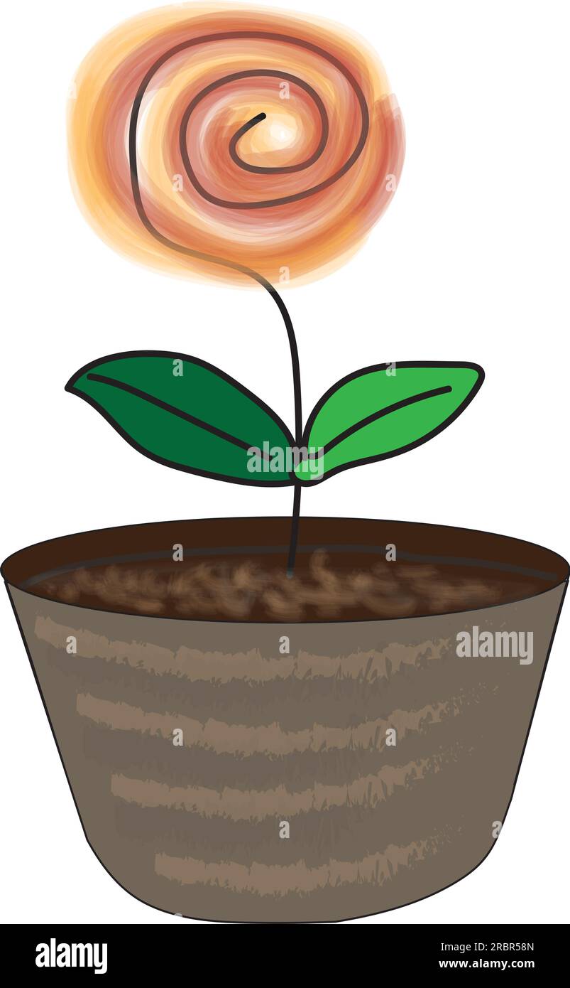 Einfacher Vektor einer gelben und roten Spiralblume im braunen Blumentopf, Kinderzeichnung Stock Vektor