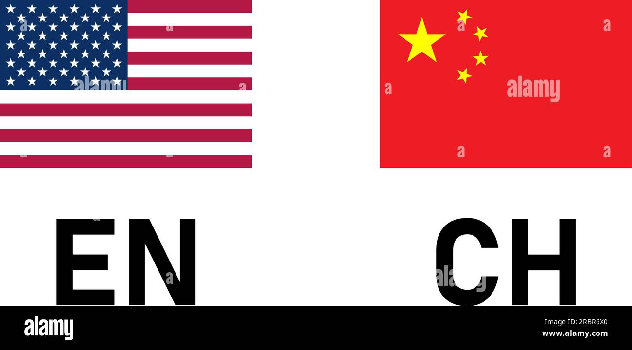Flaggensymbol Paar mit Flaggen für USA und China für die Symbolschaltfläche zur Sprachauswahl Englisch und Chinesisch. Vektorbild. Stock Vektor