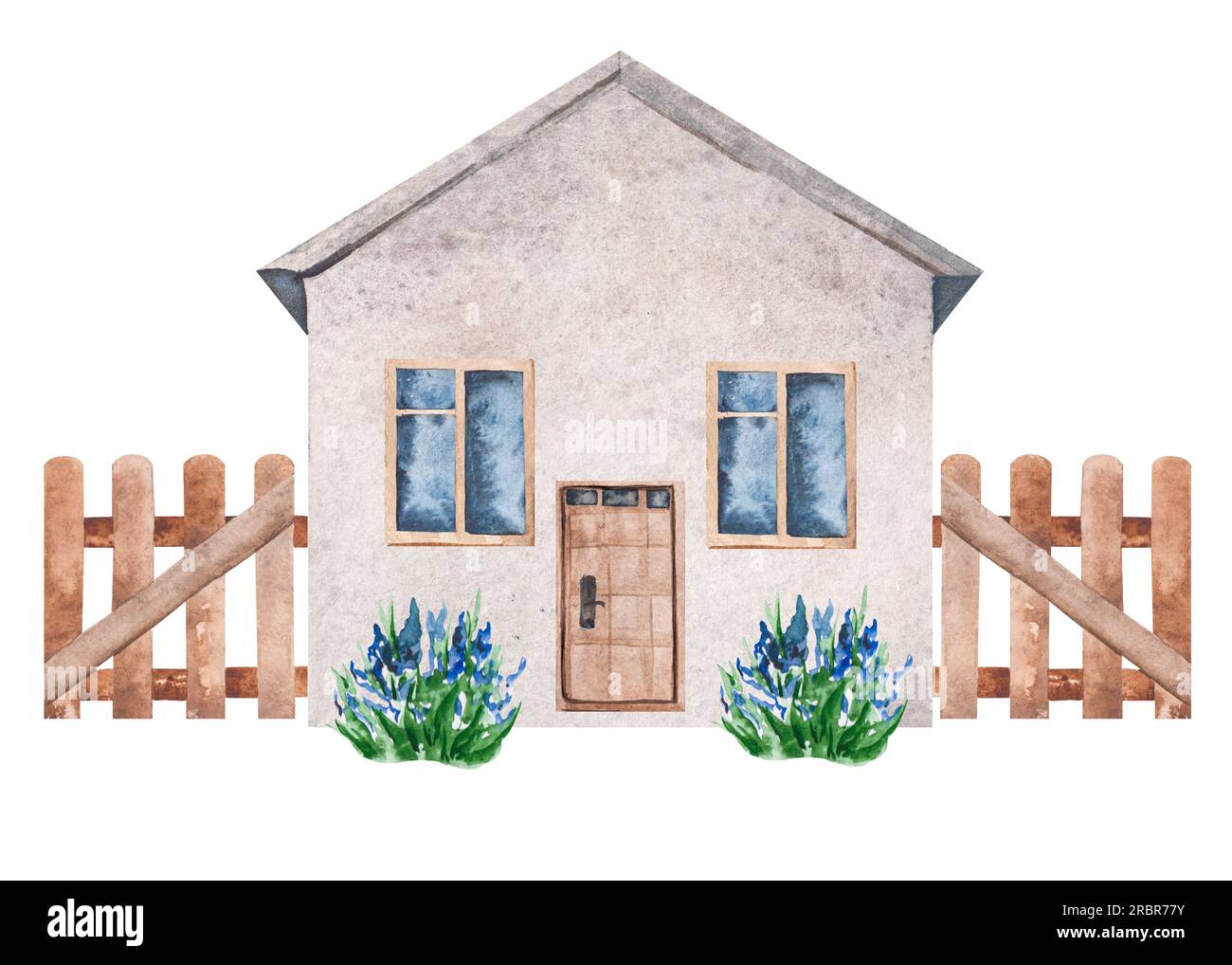 Ein Haus in Aquarellfarben mit einer Tür und Fenstern, einem gefliesten Dach, Treppen und Blumentöpfen. Gruppe von Elementen auf weißem Hintergrund. Illustration für Postkarten, Bücher Stockfoto