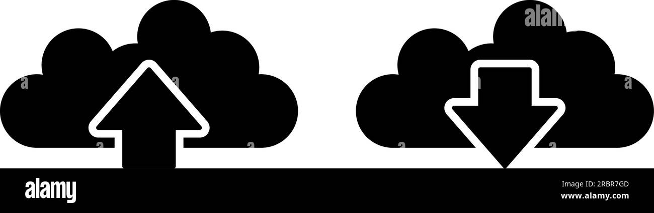 Cloud-Internet-Daten hochladen und herunterladen mit schwarzem schwarzem Symbolsatz mit Pfeil nach oben und unten. Vektorbild. Stock Vektor