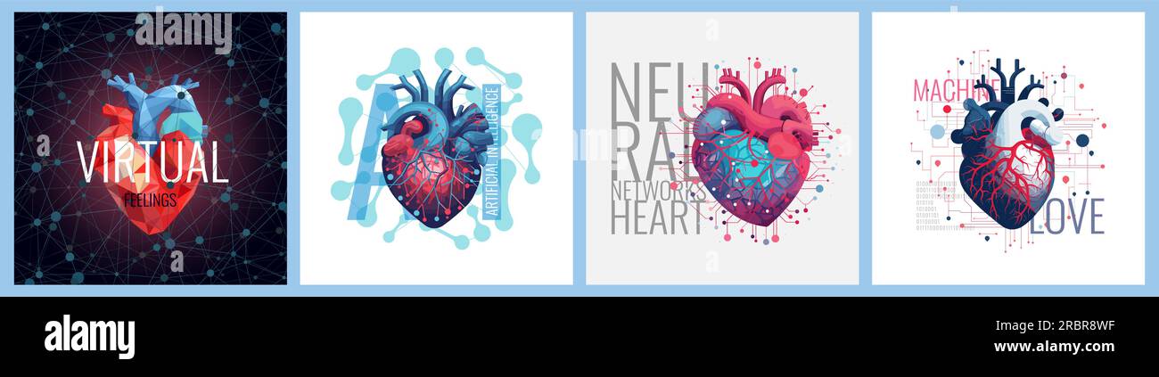 Abstraktes Banner-Design-Set mit Herzquadraten von neuronalen Netzwerken. Kunstwerke Künstliche Intelligenz Liebe. Postersammlung „Virtuelle Roboter – digitale Gefühle“. Mind Machine Learning Vector eps-Abdrücke Stock Vektor