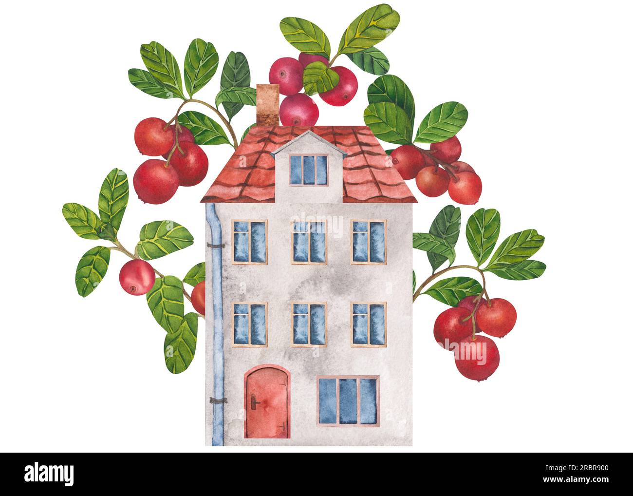 Ein Haus in Aquarellfarben mit einer Tür und Fenstern, einem gefliesten Dach, roten Preiselbeeren und Preiselbeeren. Gruppe von Elementen auf weißem Hintergrund Stockfoto