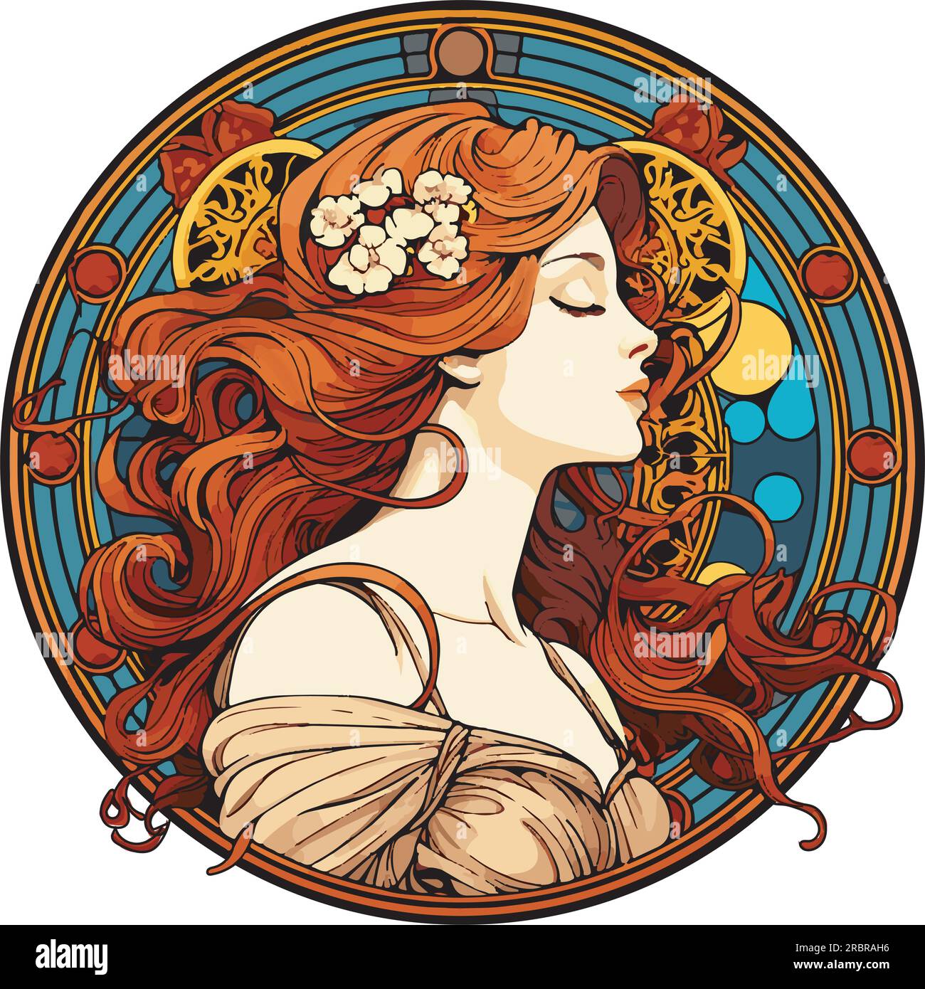 Rundes Jugendstil-Vektorbild einer Frau mit roten Haaren und Blumen, Stil von Alphonse Mucha Stock Vektor