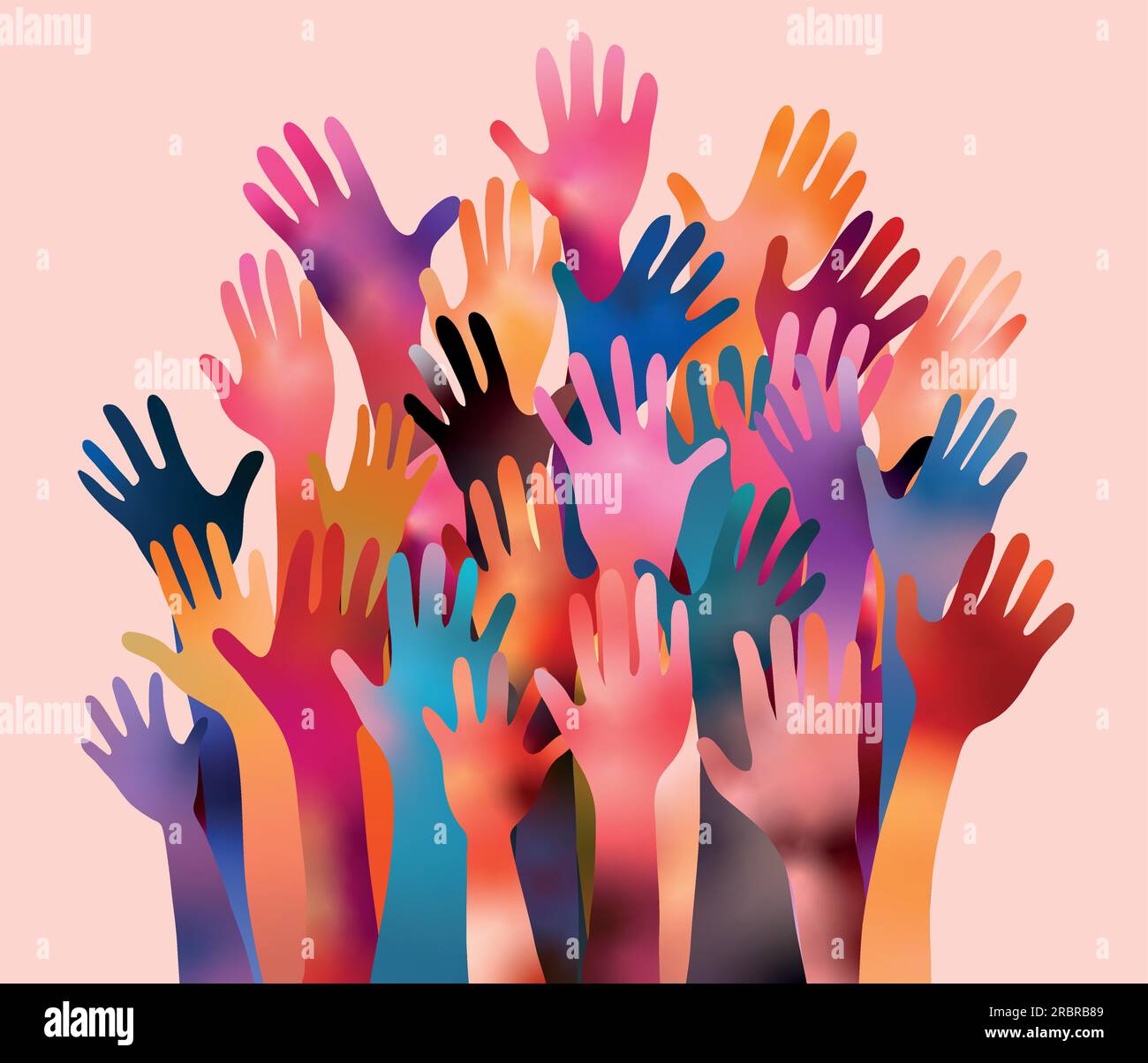 Poster mit Freiwilligen mit erhobenen Armen. Vielfalt der Menschen. Wohltätige Spende. Unterstützung und Unterstützung. Multikulturelle Gemeinschaft. NGO. Hilfe. Hilfe! Hilfe! Stock Vektor