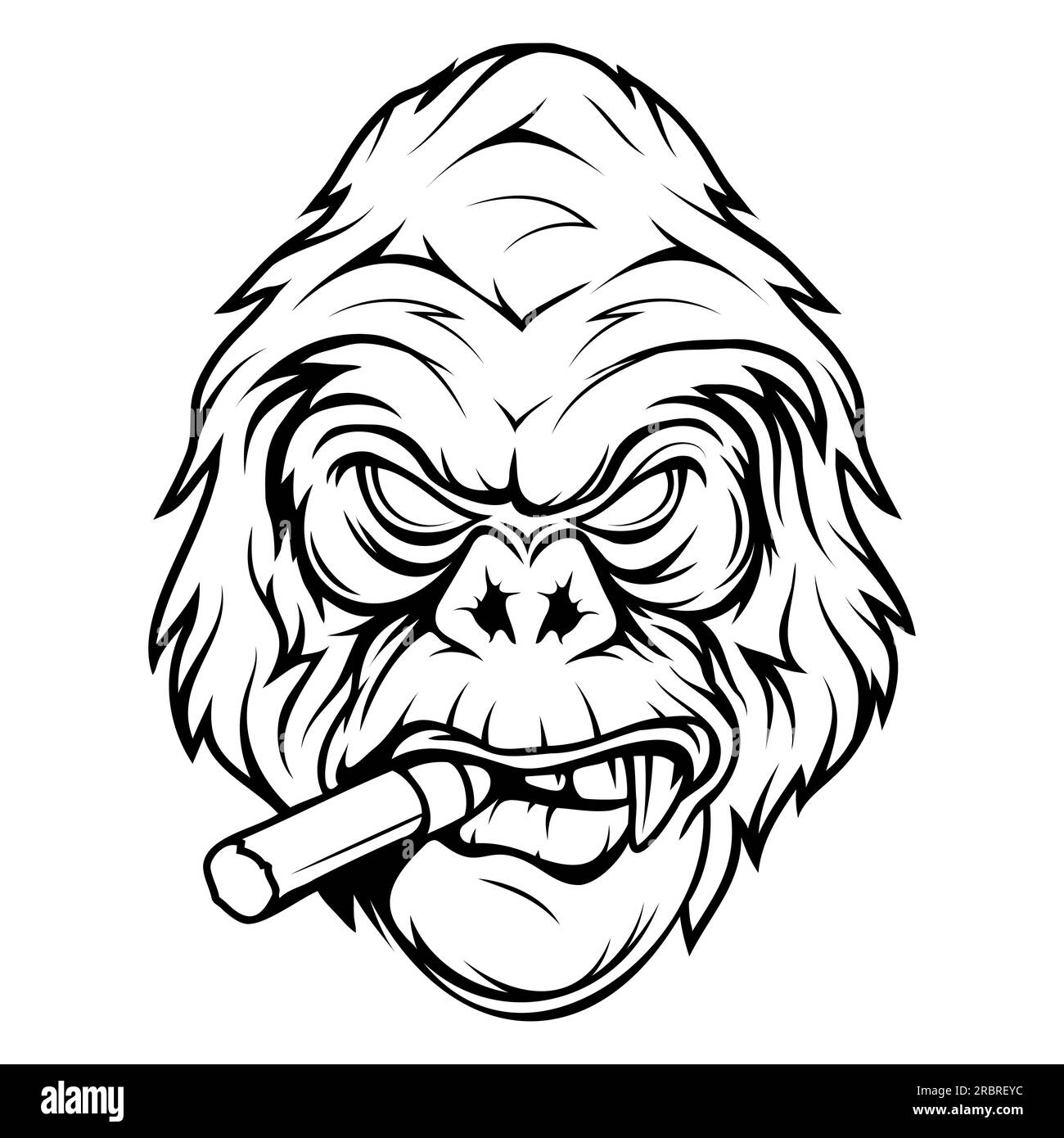 Gorilla mit einer Zigarre. Vektordarstellung von Primaten. Skizze eines wütenden Gorillakopfes Stock Vektor