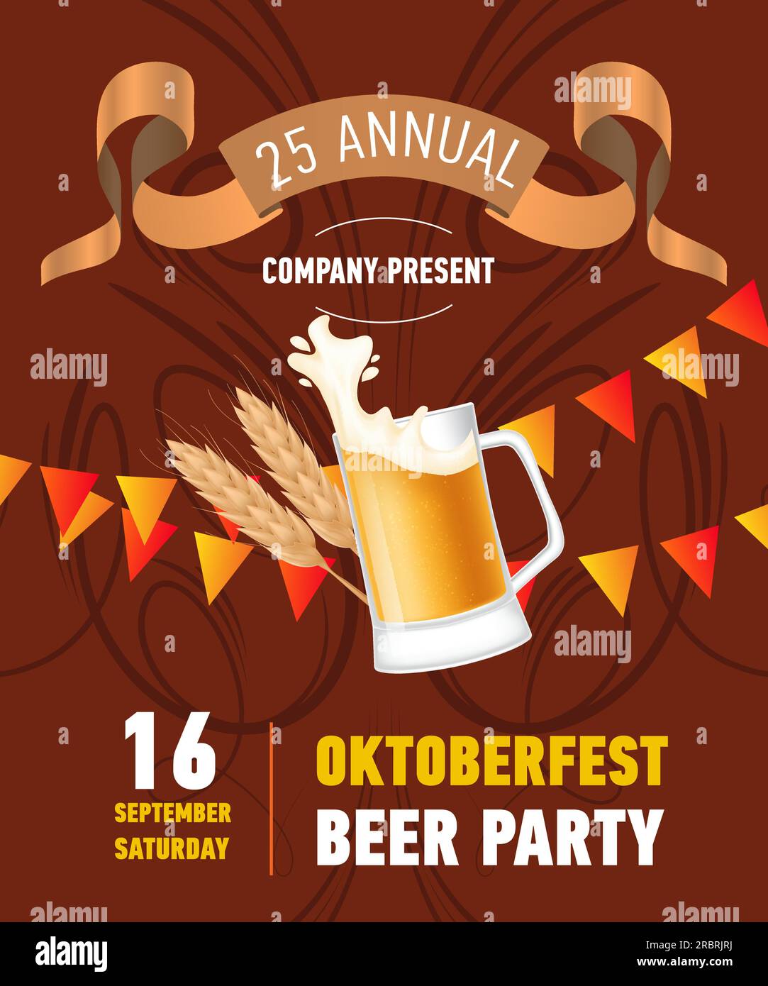 Oktoberfest-Bierparty-Schriftzug mit Bierbecher und Girlanden Stock Vektor