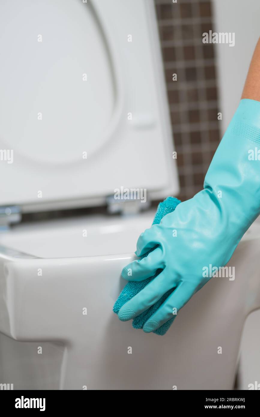 Hand einer Person, die den Toilettensitz in Gummihandschuhen mit einem Schwamm reinigt, der die Unterseite während der Haushaltsführung gegen Keime und Bakterien desinfiziert Stockfoto