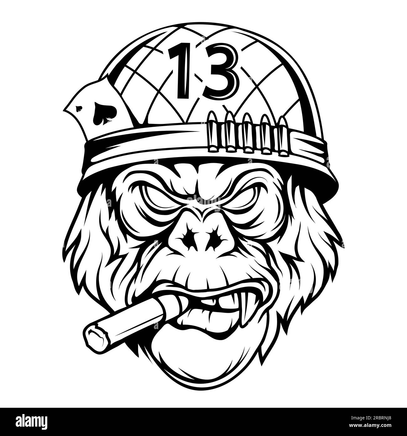 gorilla in einem Militärhelm und mit einer Zigarre. Vektordarstellung von Primaten. Skizze eines wütenden Gorillakopfes Stock Vektor