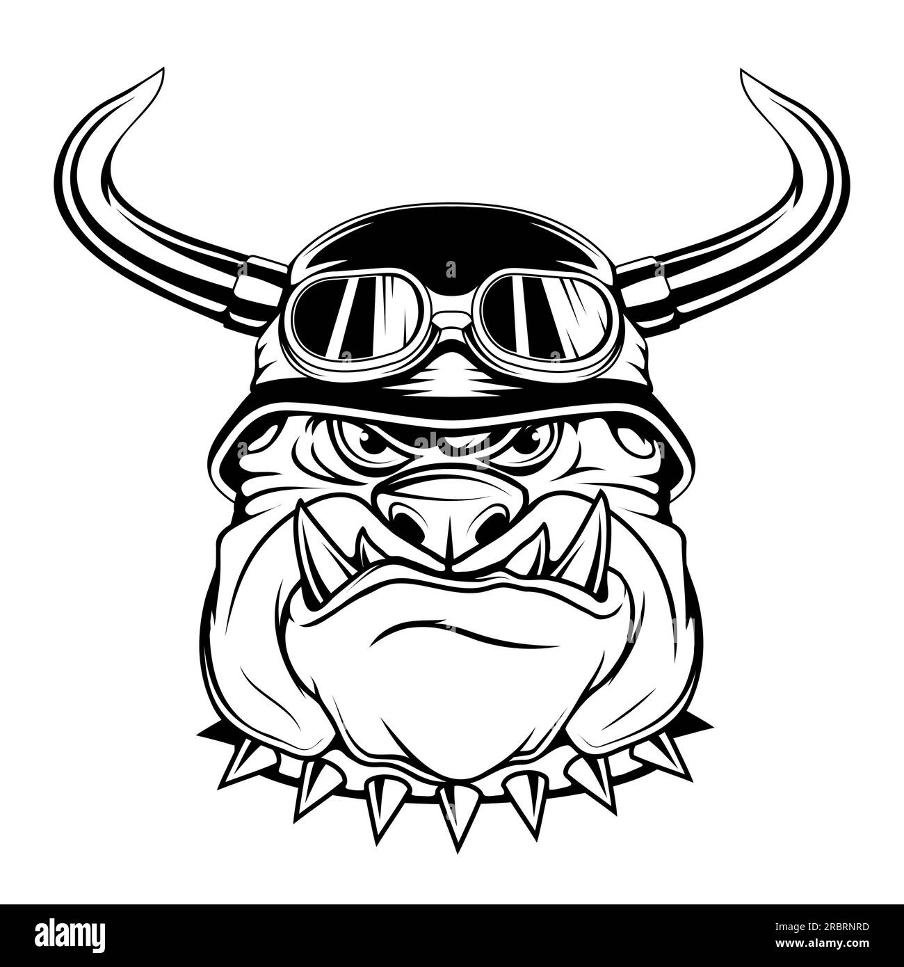 Bulldog in einem Bikerhelm. Vektordarstellung eines Zeichens beliebter Tierkarikaturen. Wütendes Tier. Haustier Stock Vektor