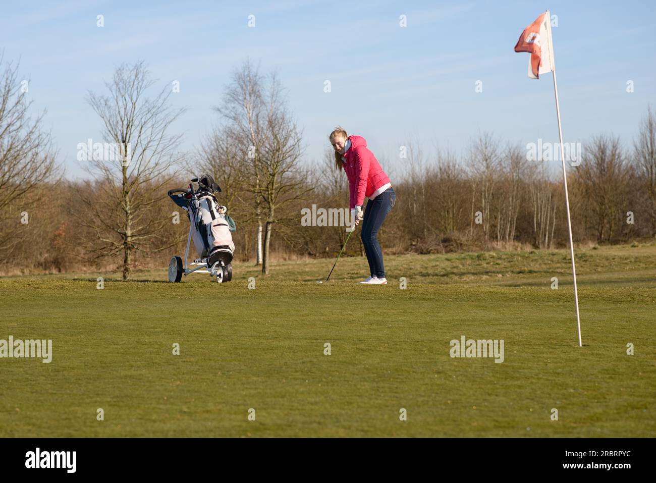 Junge Golferin in einem Golfsporttraining, trägt Jacke und Jeans, schlägt Golfball auf dem Cup mit Flagge Stockfoto