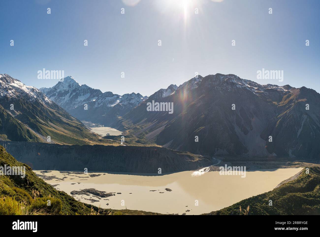 Vom Sealy Tarns Track im Nationalpark zu den alpinen Mueller- und Hooker-Seen und dem Aoraki Mt Cook Stockfoto