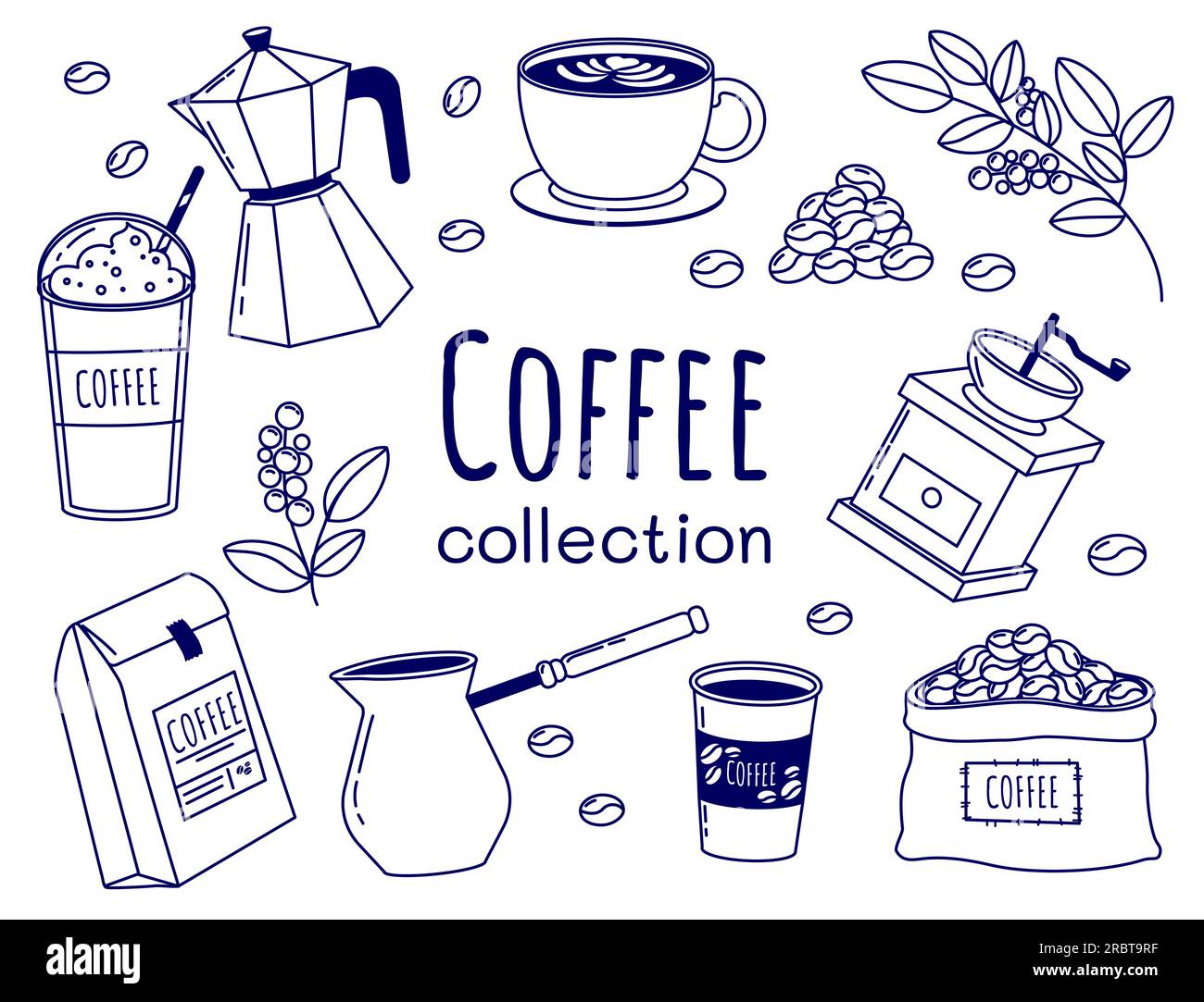 Übersicht über die Kaffeeelemente-Sammlung Stock Vektor