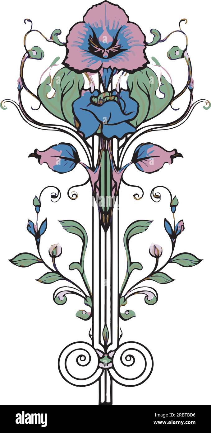 Blumendekoration im Jugendstil, Weinreben und Blätter - lila und blau Stock Vektor