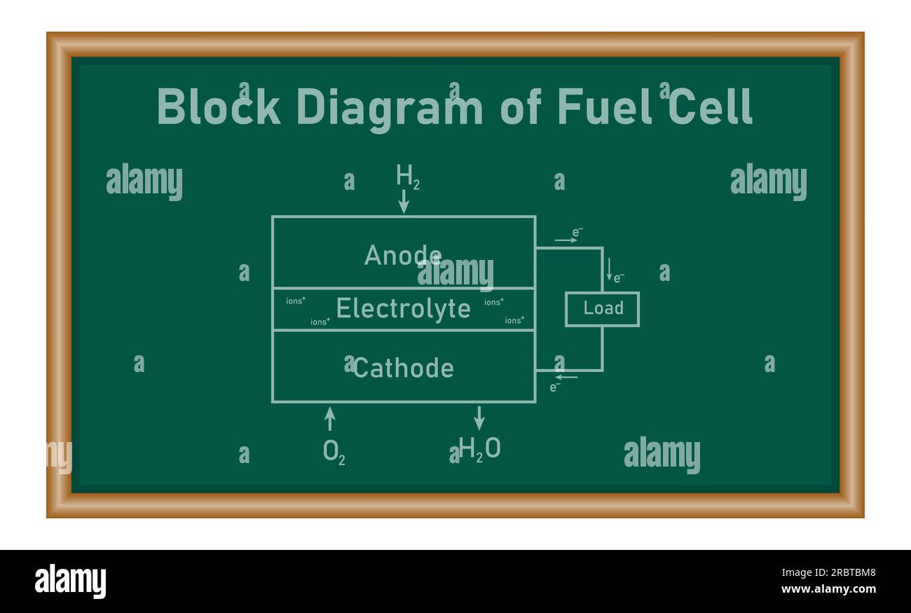 Blockdiagramm der Brennstoffzelle. Schematische Darstellung der Wasserstoff-Brennstoffzelle. Elektrochemische Zelle. Vektordarstellung isoliert auf weißem Hintergrund. Stock Vektor
