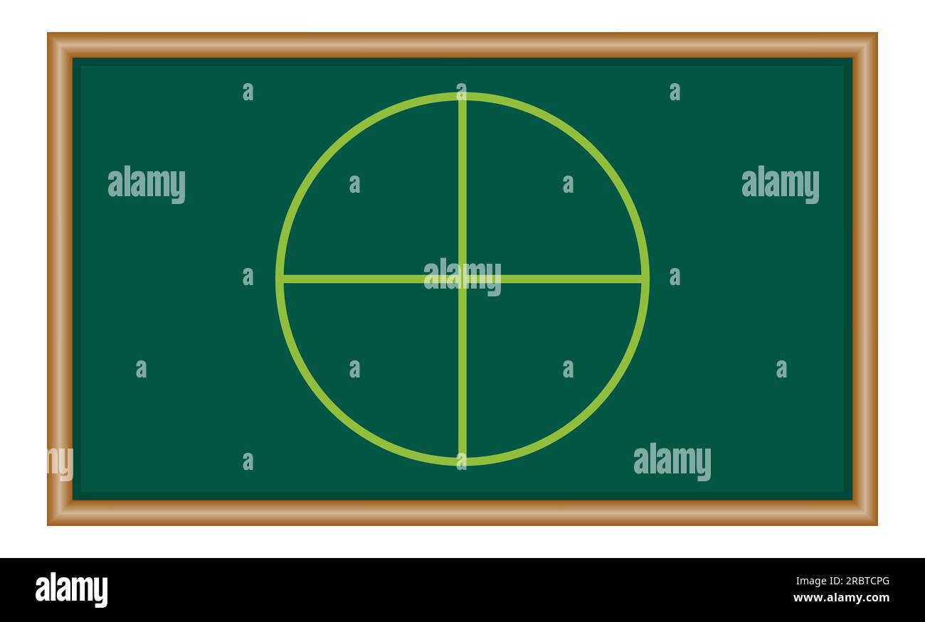 Vier Teile des Kreises. Tortendiagramm mit vier Sektoren derselben Größe. Mathematische Ressourcen für Lehrer und Schüler. Stock Vektor