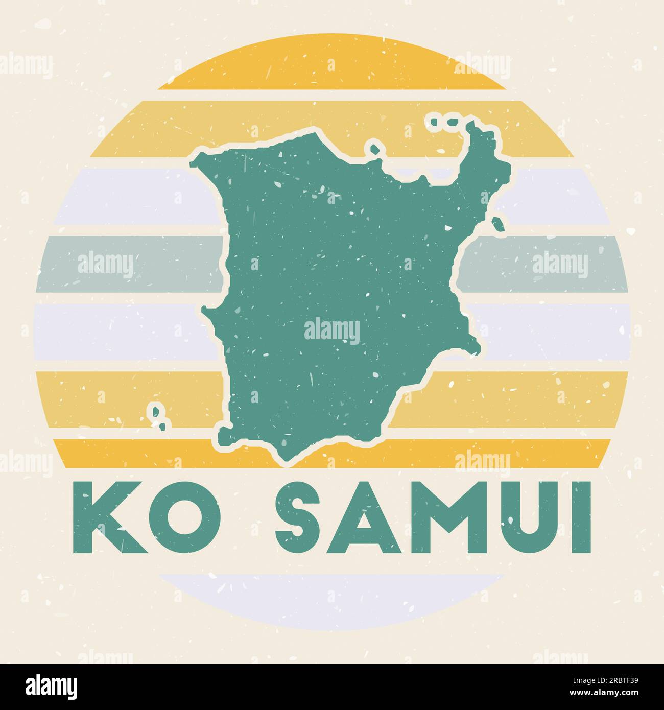 Logo von Ko Samui. Unterschreiben Sie mit der Karte der Insel und den farbigen Streifen, Vektordarstellung. Kann als Abzeichen, Logo, Label, Aufkleber oder Abzeichen des verwendet werden Stock Vektor